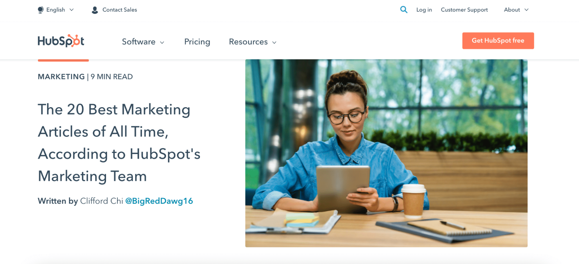 captura de pantalla del artículo de HubSpot "Los 20 mejores artículos de marketing de todos los tiempos, según el equipo de marketing de HubSpot"