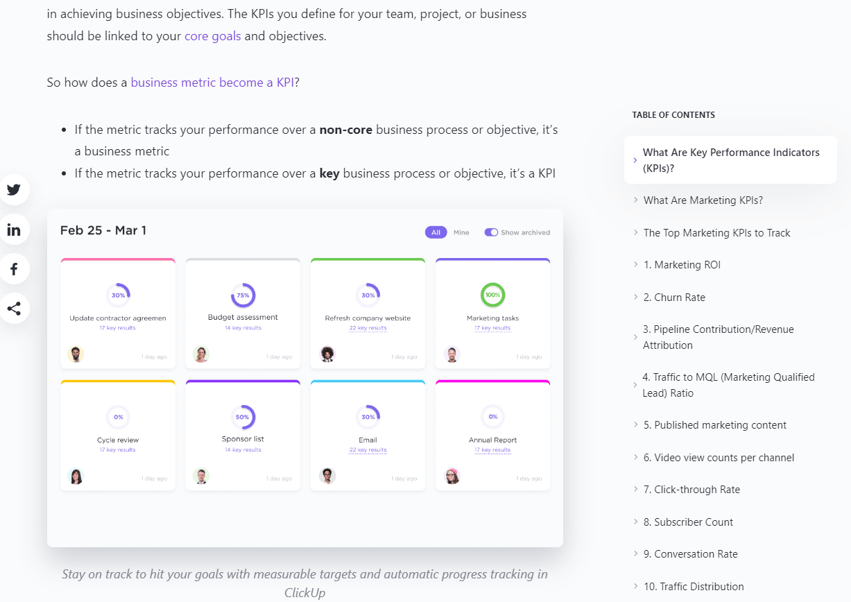 Beispiel für einen Blogbeitrag zu Clickup-Marketing-KPIs