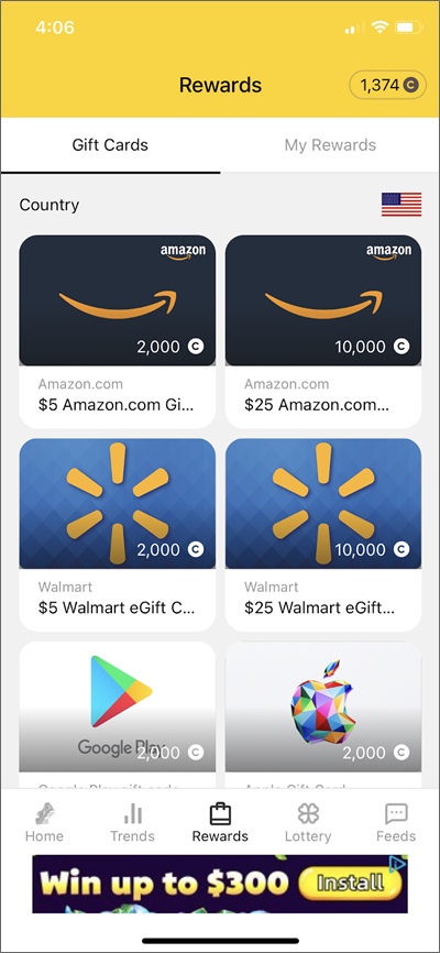 opciones de tarjetas de regalo cashwalk