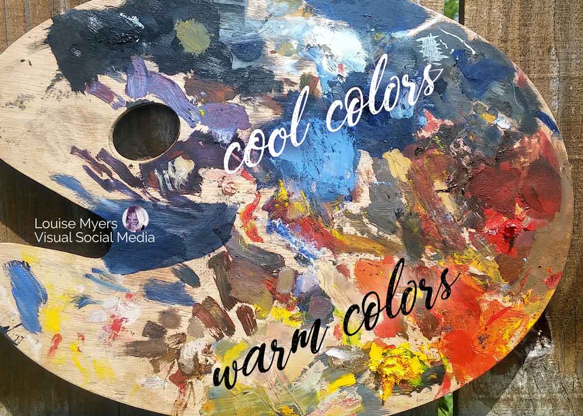 la paleta del artista muestra diferentes colores cálidos de pintura frente a colores fríos.