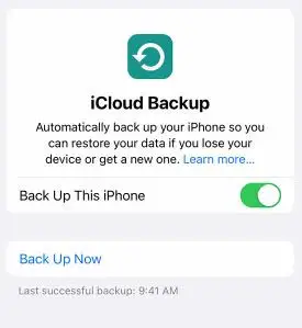 Klik Cadangan iCloud dan nyalakan sakelar sakelar Cadangan iCloud untuk mentransfer penyimpanan iphone ke iCloud