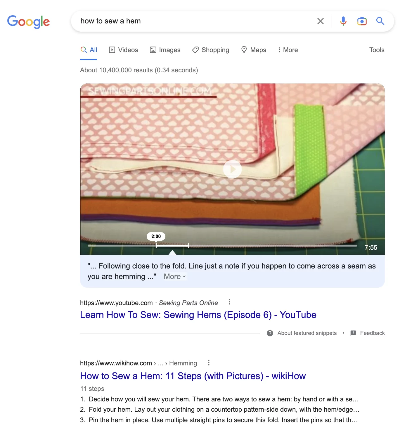 SERP の例で位置ゼロの動画