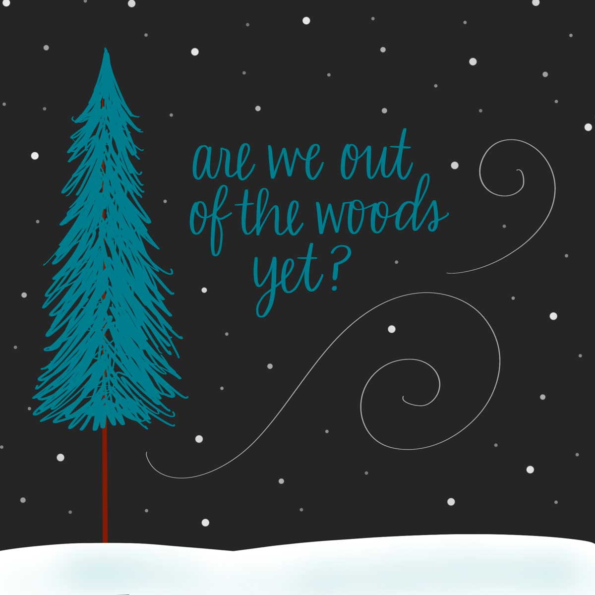 un ciel sombre et enneigé avec un arbre solitaire dit que nous sommes encore sortis des bois.