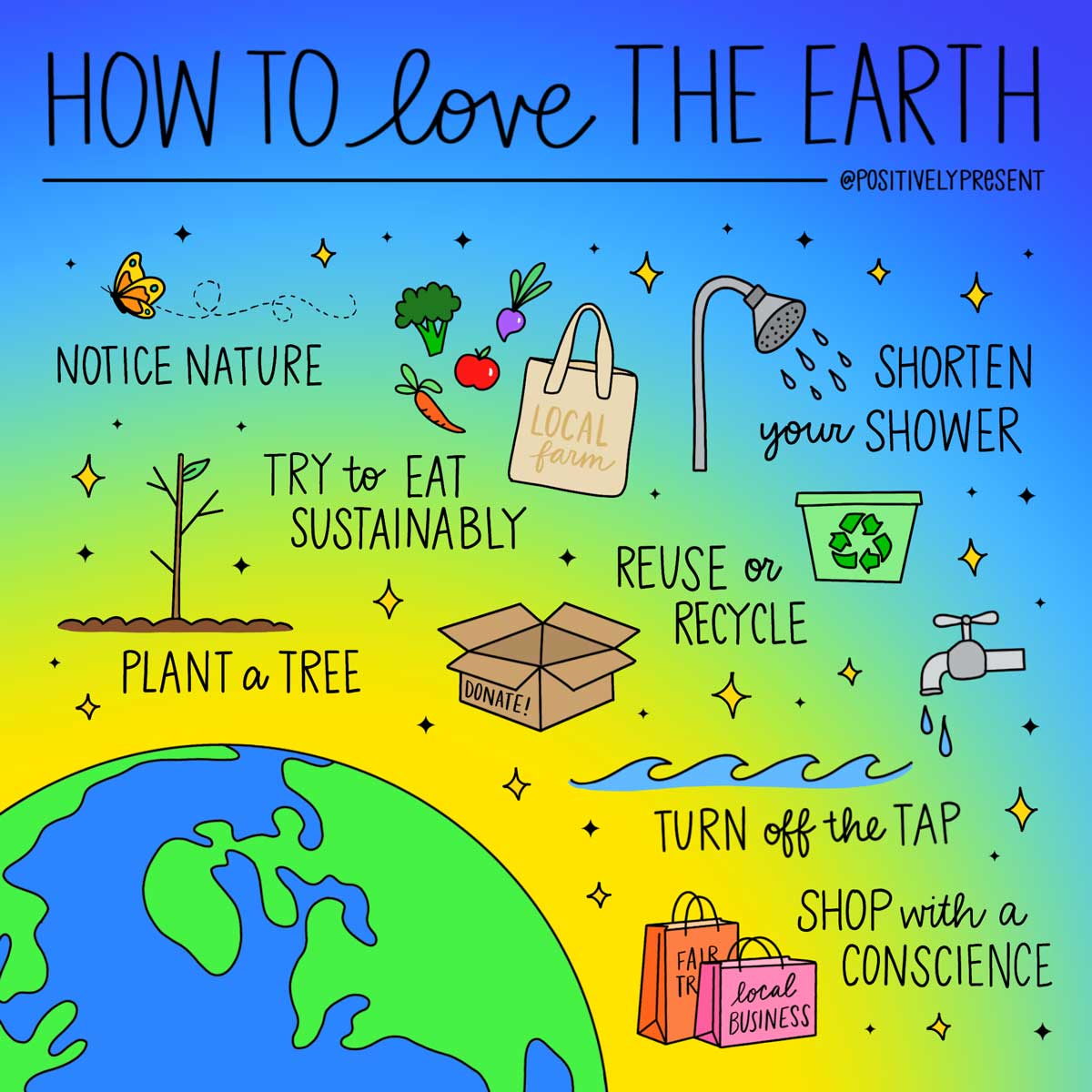illustration de la terre et des conseils pour l'aimer, comme planter un arbre.