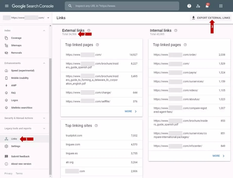 Скриншот того, как просмотреть портфолио ссылок вашей консоли поиска Google.