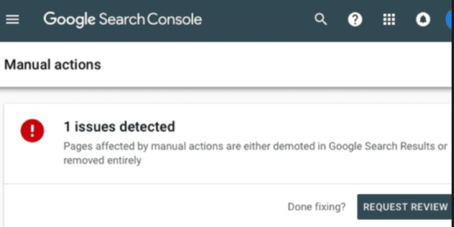 Скриншот отчета о ручных действиях Google Search Console