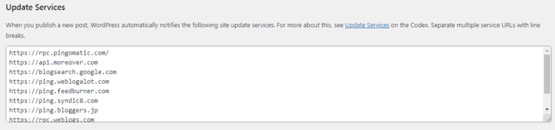 Liste des sites de soumission de ping gratuits 2023 - Top 30 des sites de ping pour une indexation plus rapide @ ads2020.marketing Blog for Beginners Wordpress_default_ping_update_service-798x188