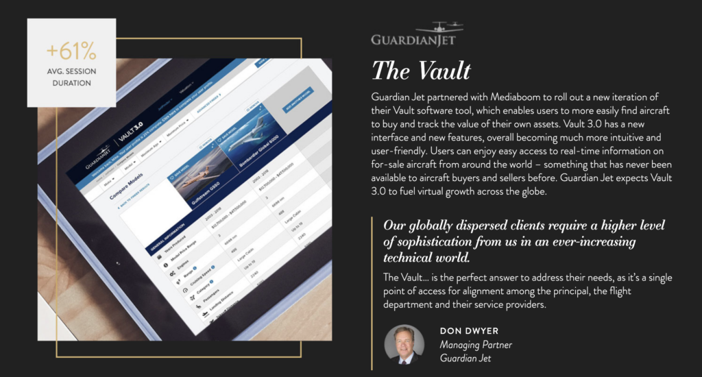 Mediaboom は Guardian Jet と提携して、The Vault 3.0 をオーバーホールし、会社の Web サイトを再設計し、戦略、設計、および開発を処理しました。
