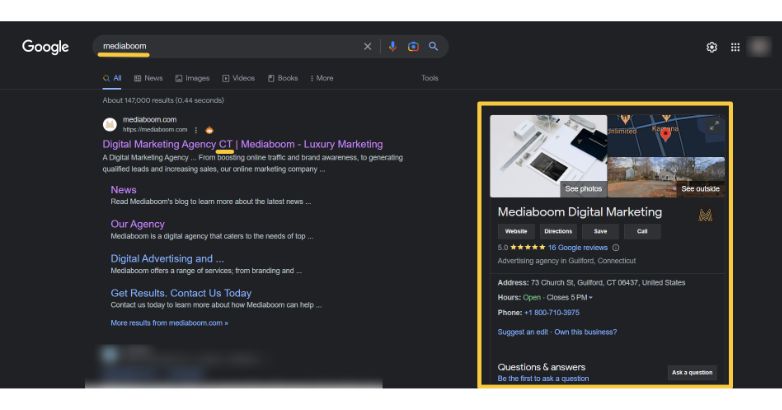 Mediaboom a complètement mis en place son profil Google Business afin d'atteindre ses objectifs SEO.