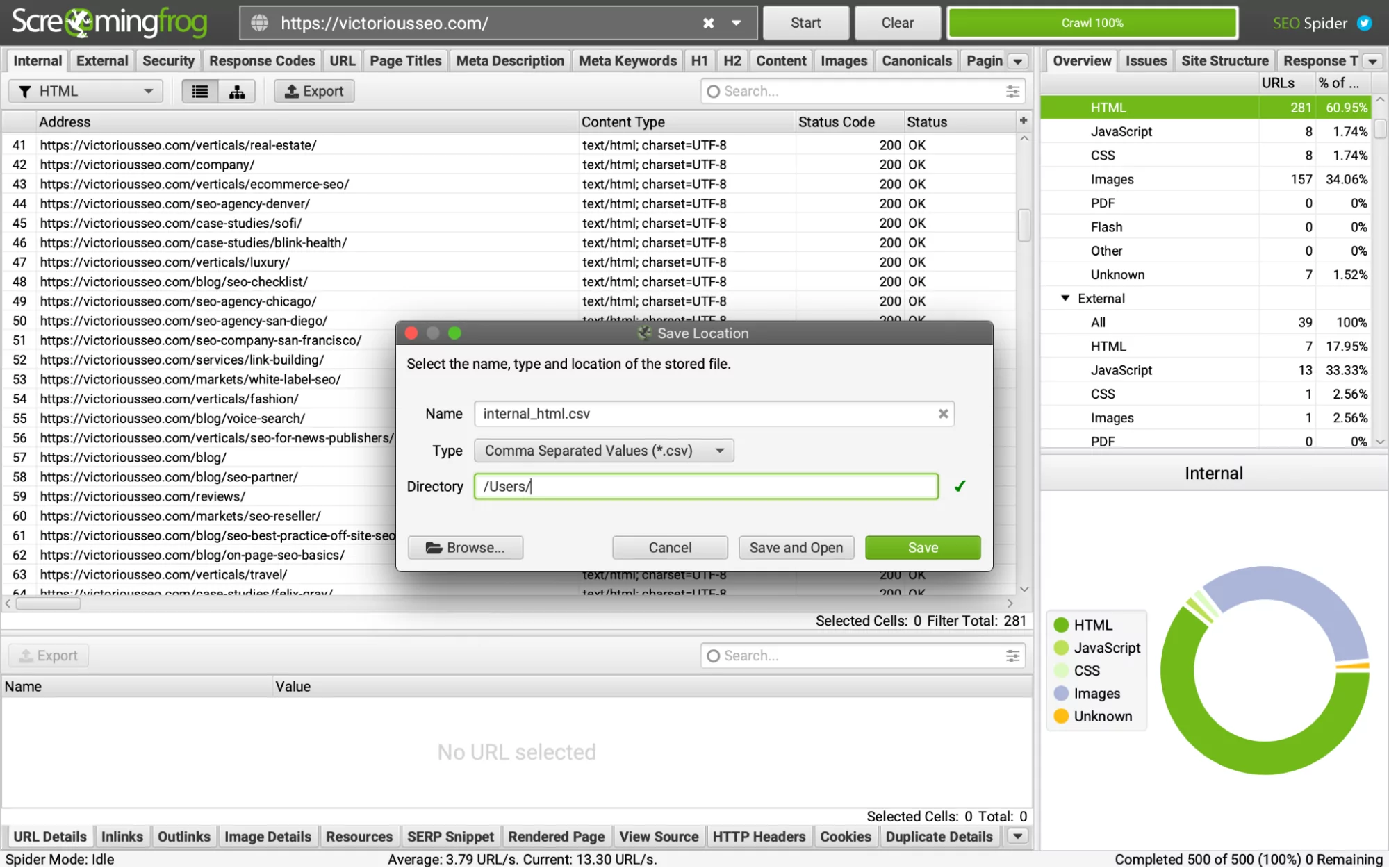screenshot di come utilizzare screamingfrog per aiutare con la mappa delle parole chiave esportando gli URL