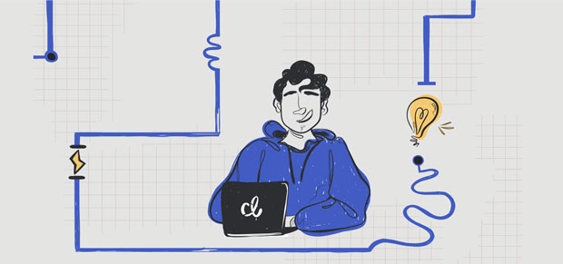 ilustração gráfica de um menino em um moletom roxo digitando no laptop