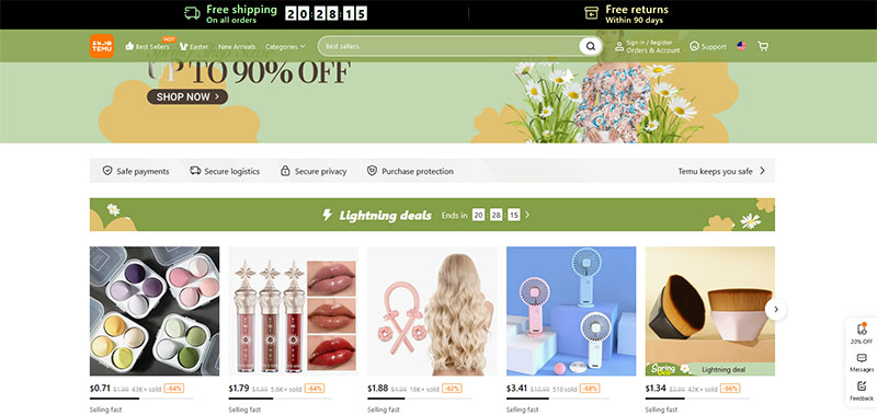 Pagina principală a Temu.com