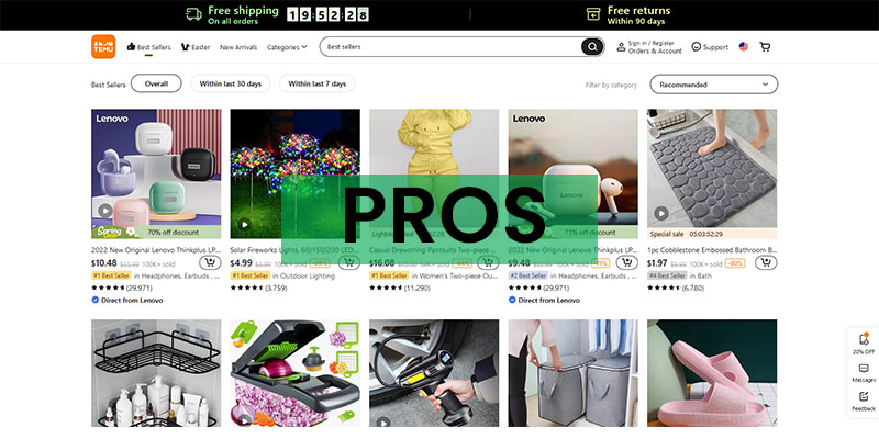 Captură de ecran a paginii cu cele mai bune vânzări Temu.com