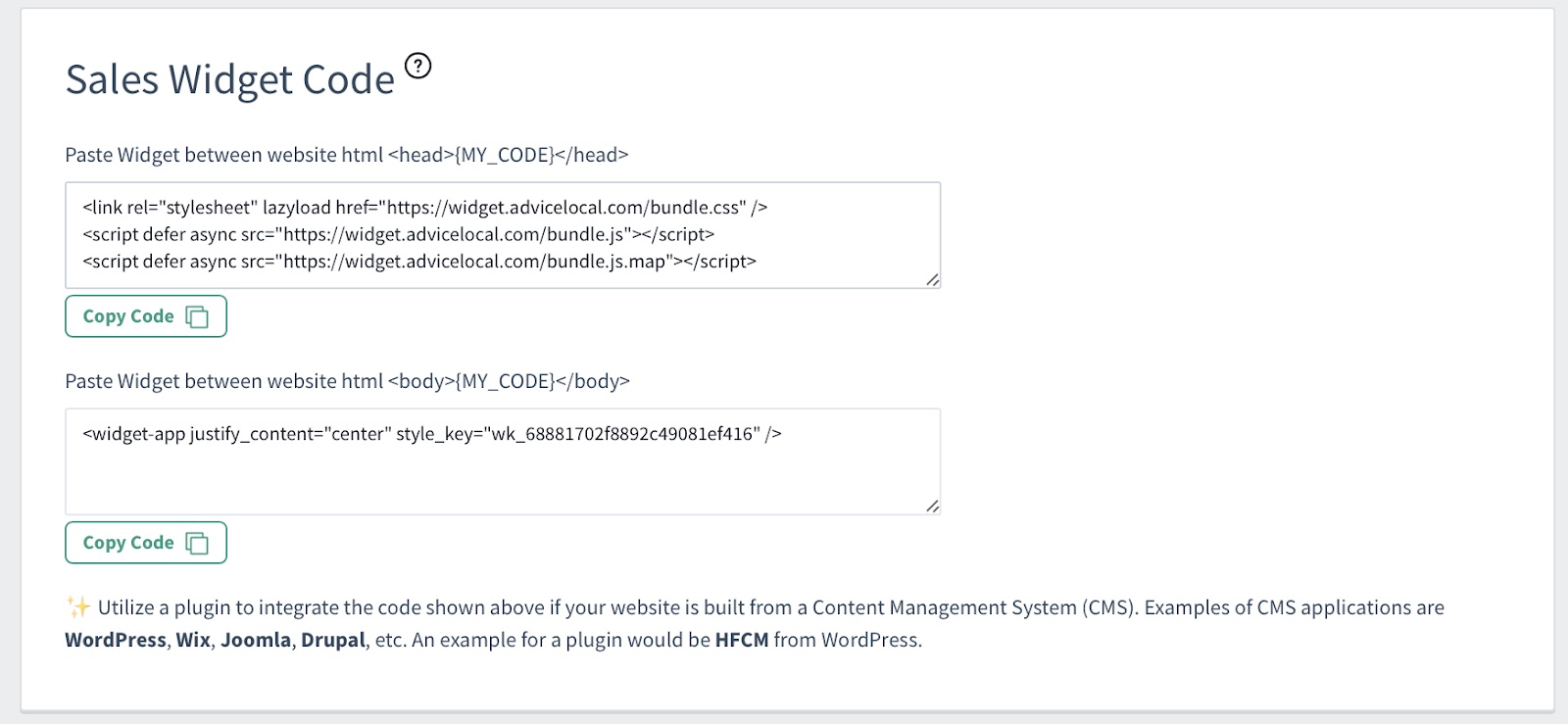 Codice del widget di vendita