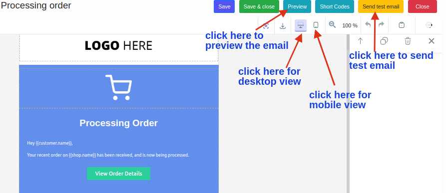 mostrar opciones de correo electrónico de prueba y vista previa