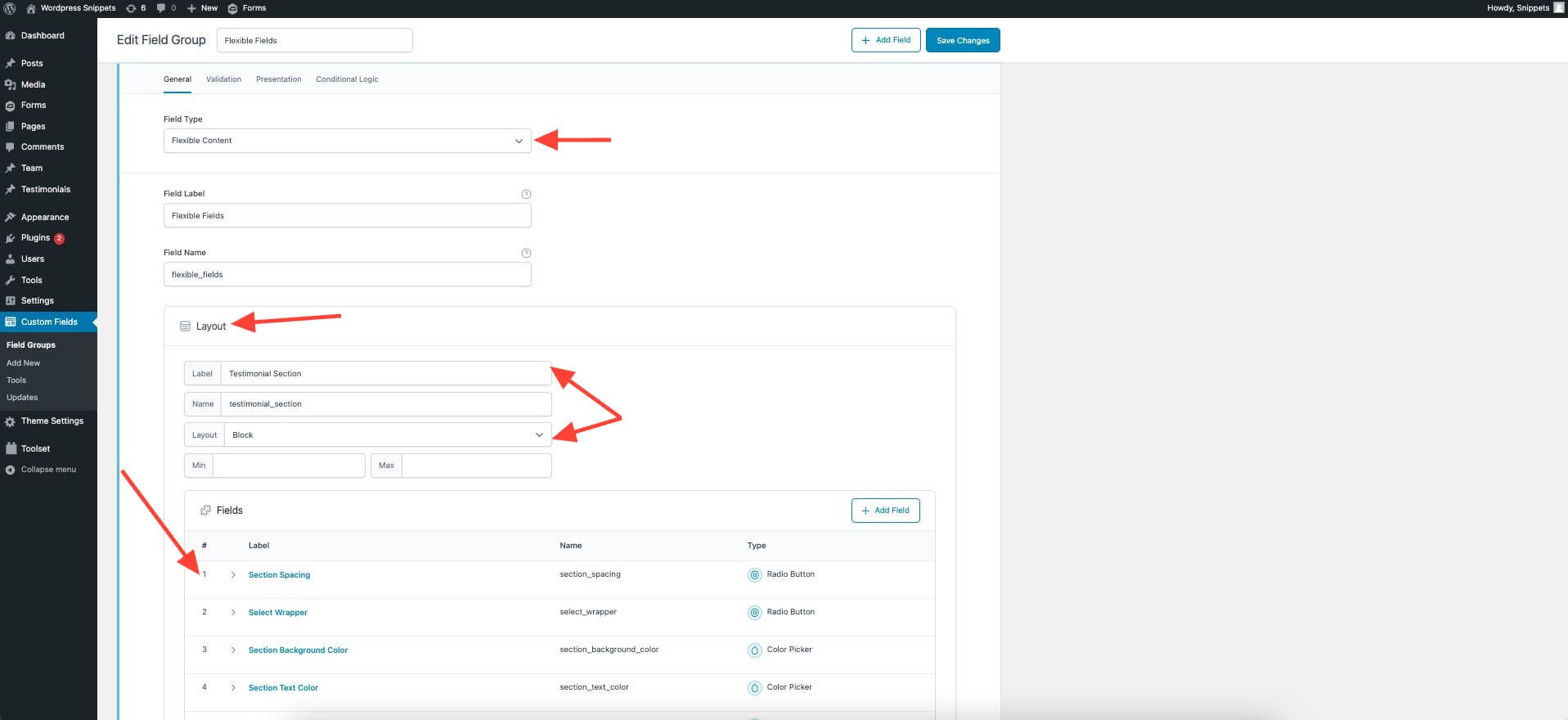 Buat bagian di bawah bidang