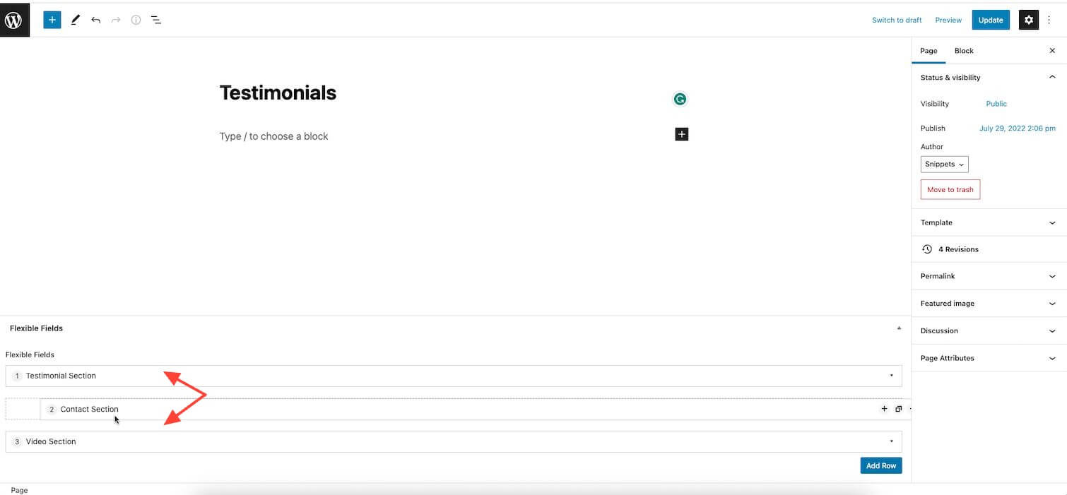 Fungsionalitas seret dan lepas untuk memindahkan bagian