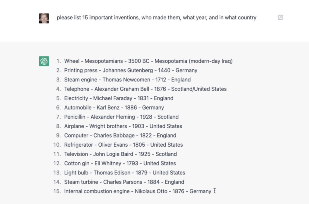 Capture d'écran de ChatGPT répondant à une question sur des inventions importantes.