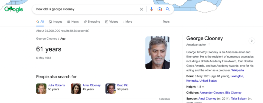Capture d'écran de la réponse de Google à la question "Quel âge a George Clooney ?".