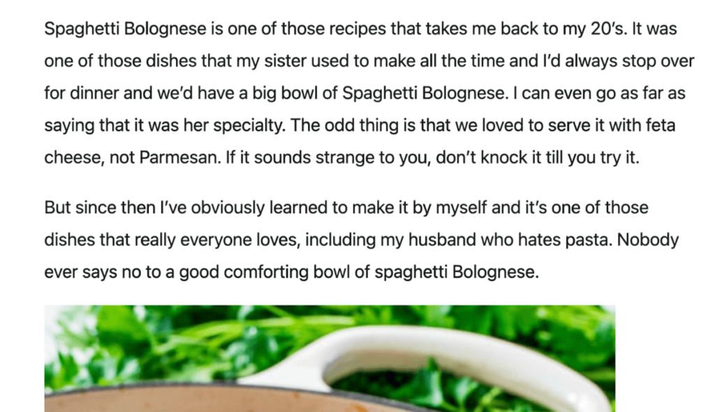 Capture d'écran de l'article d'un blogueur culinaire sur les spaghettis à la bolognaise.