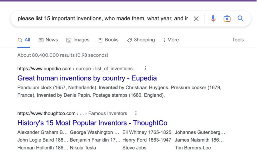 Capture d'écran de la recherche Google répondant à une requête sur des inventions importantes.