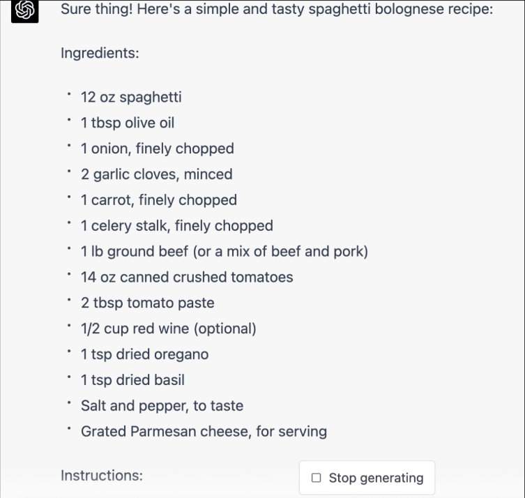 Capture d'écran de la réponse de ChatGPT à une requête demandant une recette de spaghetti bolognaise.