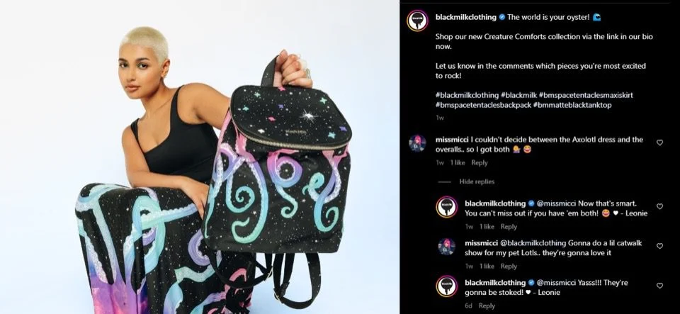 Blackmilk 代表在他們的 Instagram 帖子上回複評論