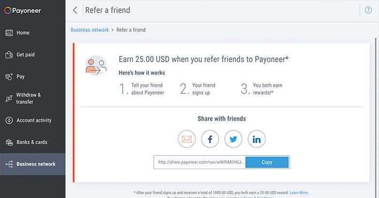 ลิงค์แนะนำ Payoneer เป็นตัวอย่างของโปรแกรมอ้างอิง