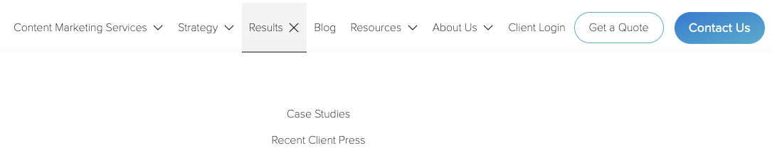 Capture d'écran de la navigation principale montrant un menu déroulant "Résultats" qui comprend des études de cas.