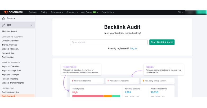 O Semrush permite que os profissionais de marketing executem auditorias de backlink para descobrir links tóxicos.