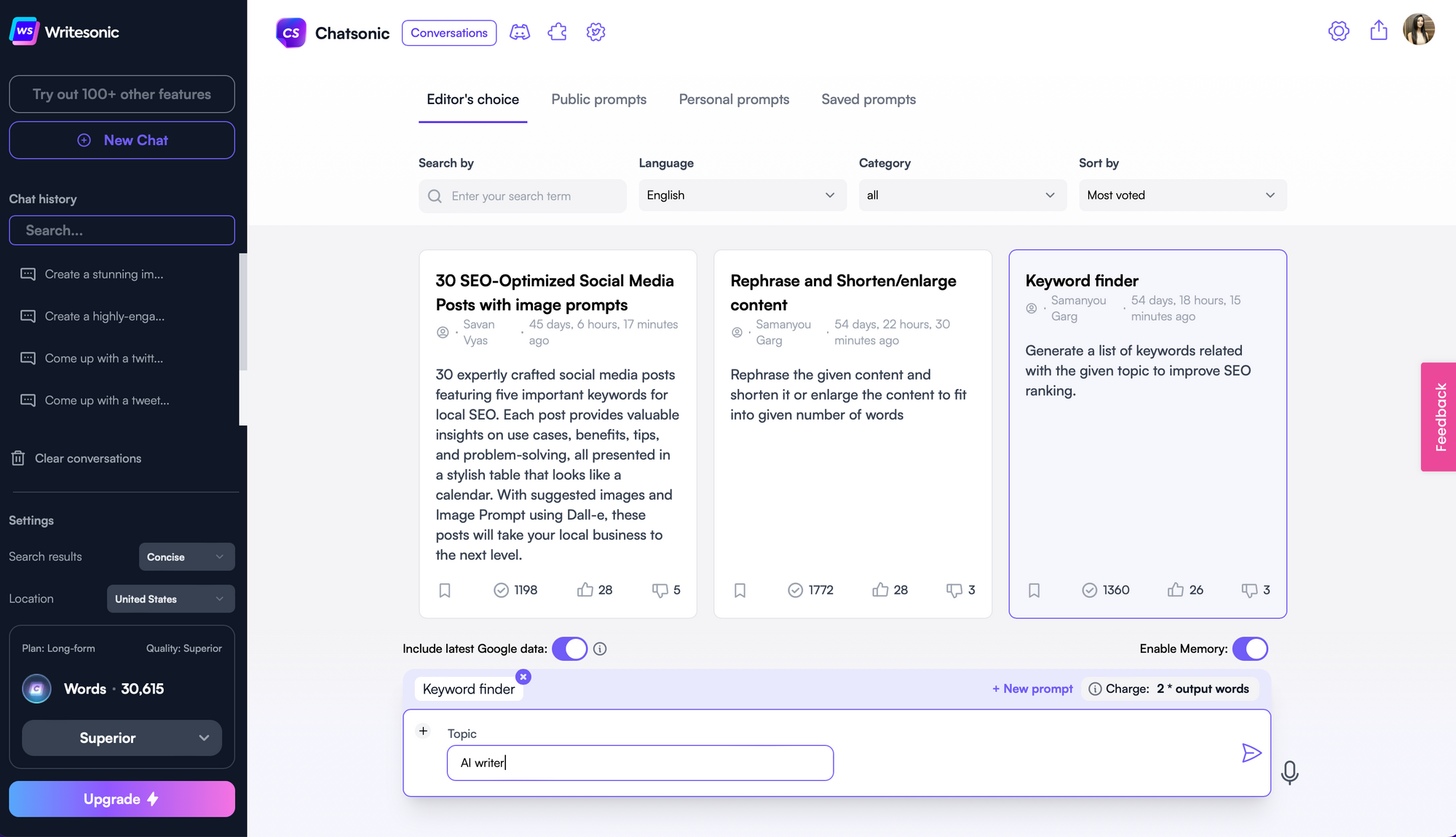 Bibliotecă Chatsonic Prompt - Piețe de prompt AI
