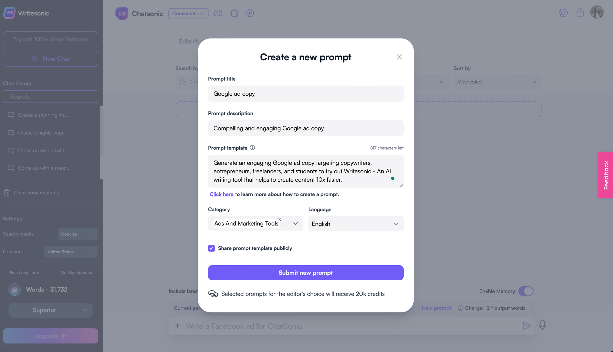 Bibliotecă Chatsonic Prompt - Piețe de prompt AI