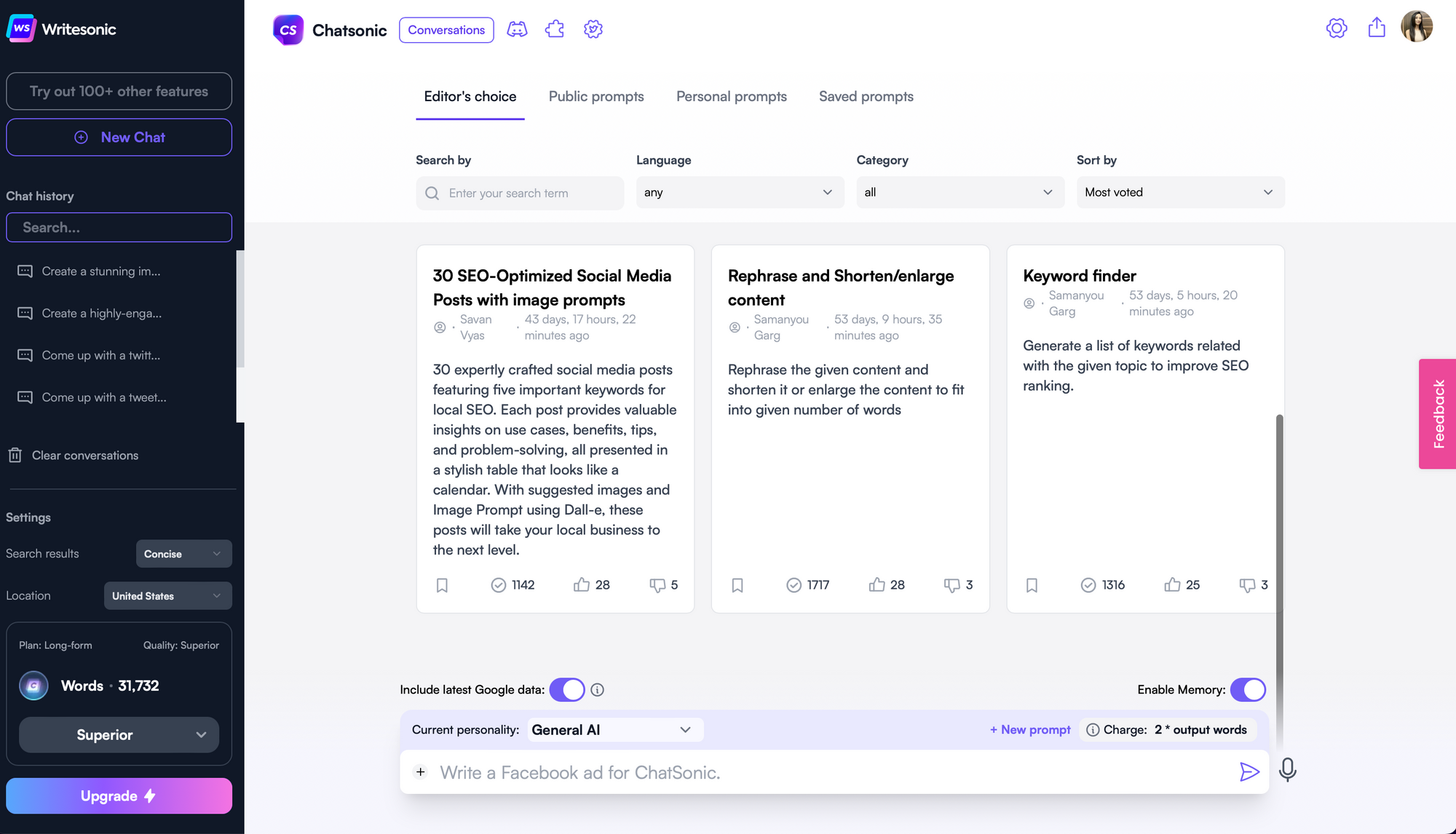 Bibliotecă Chatsonic Prompt - Piețe de prompt AI