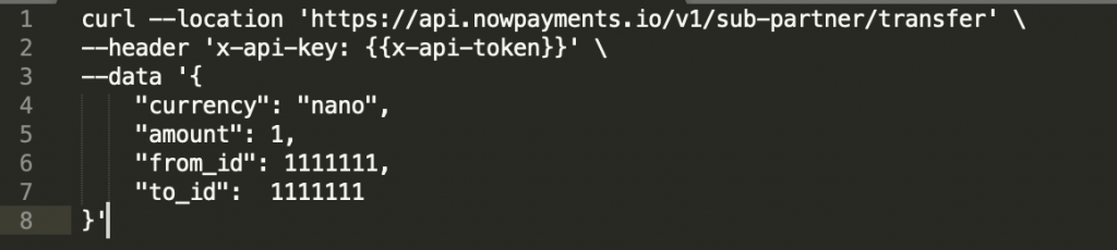 ユーザーの Nano アカウント間の送金を作成するためのリクエストの例。