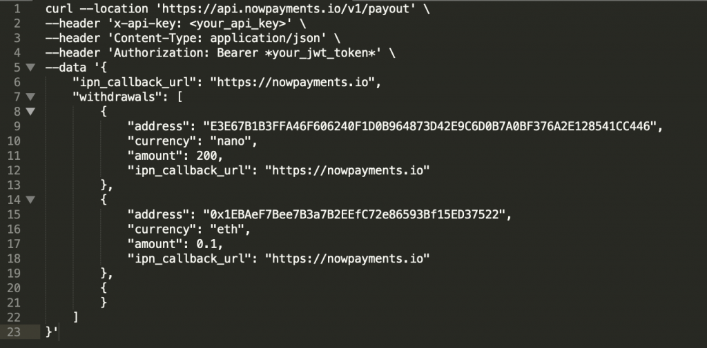 Nano ペイアウトを作成するためのリクエストの例