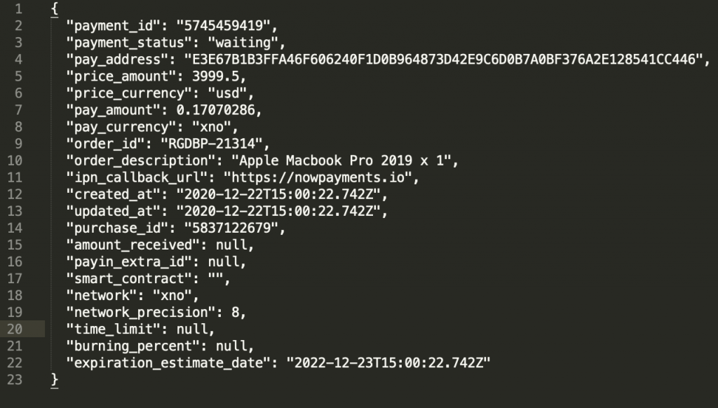 ナノ決済作成時のレスポンス例