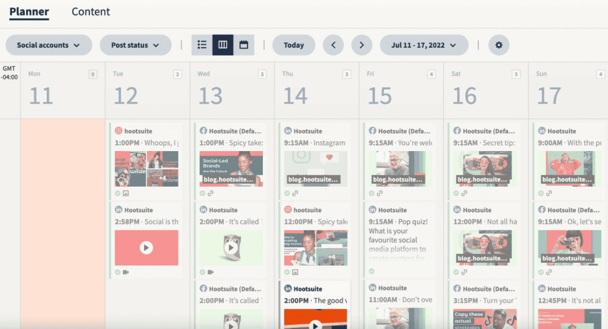 Esempio di calendario editoriale dei social media di Hootsuite