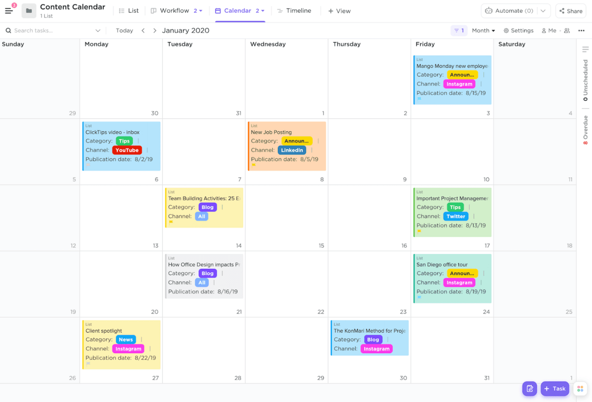 Modello di calendario dei contenuti di ClickUp