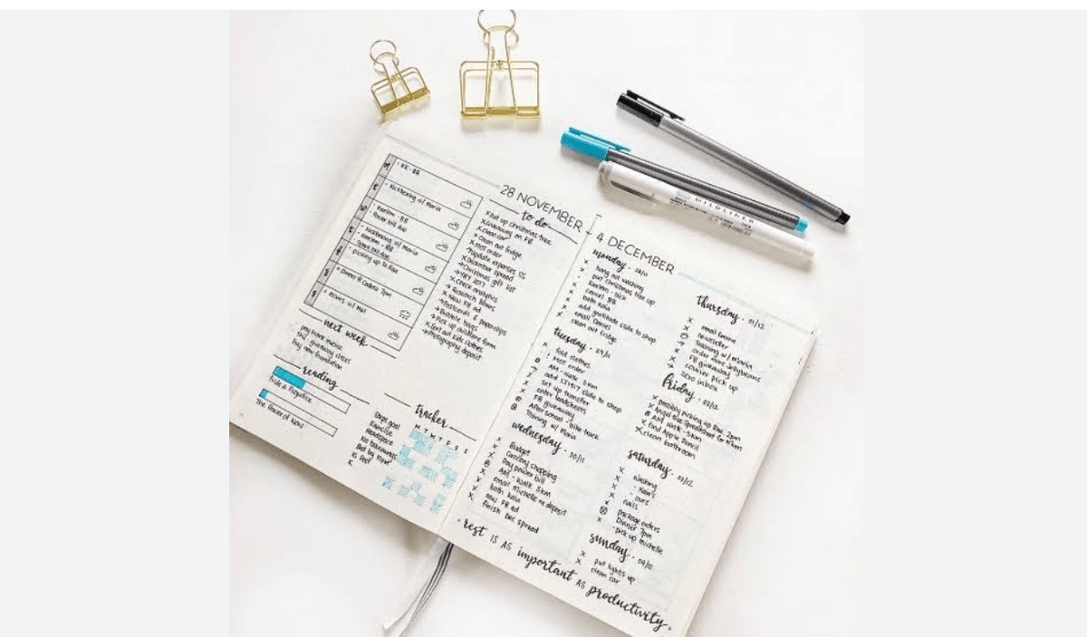 Un'immagine di un diario campione con due penne e due clip