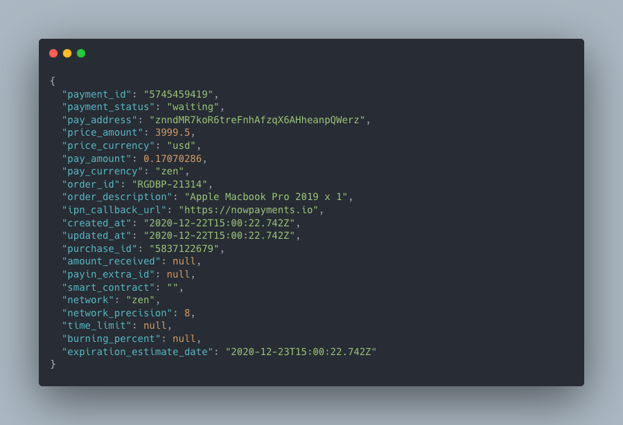 Exemplo de solicitação para criação de pagamento no ZEN