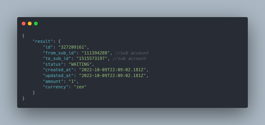 Resposta de exemplo ao criar transferências entre contas de usuários.