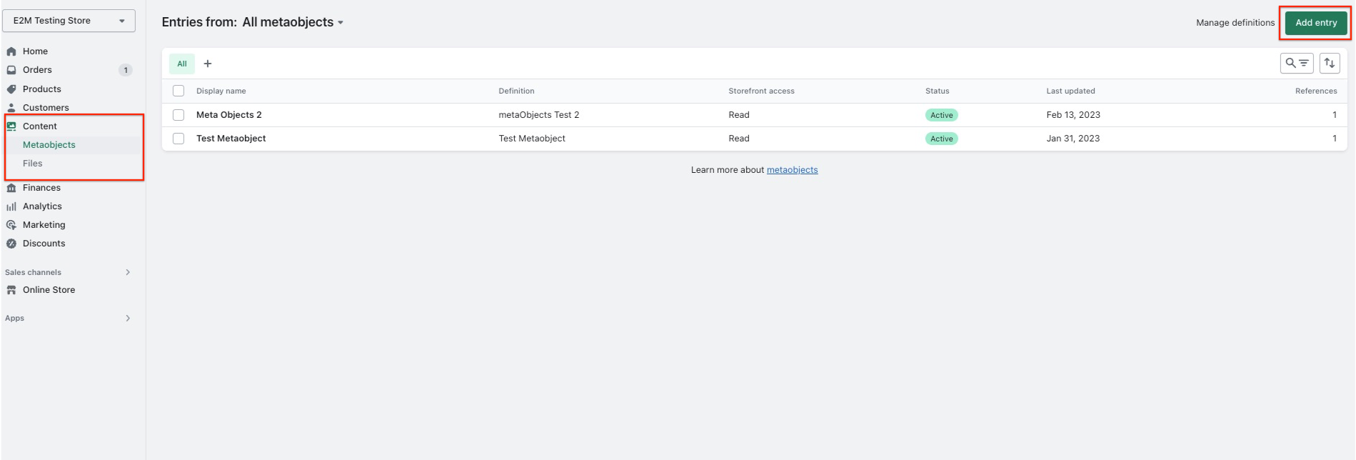 раздел метаобъектов в вашей админке shopify