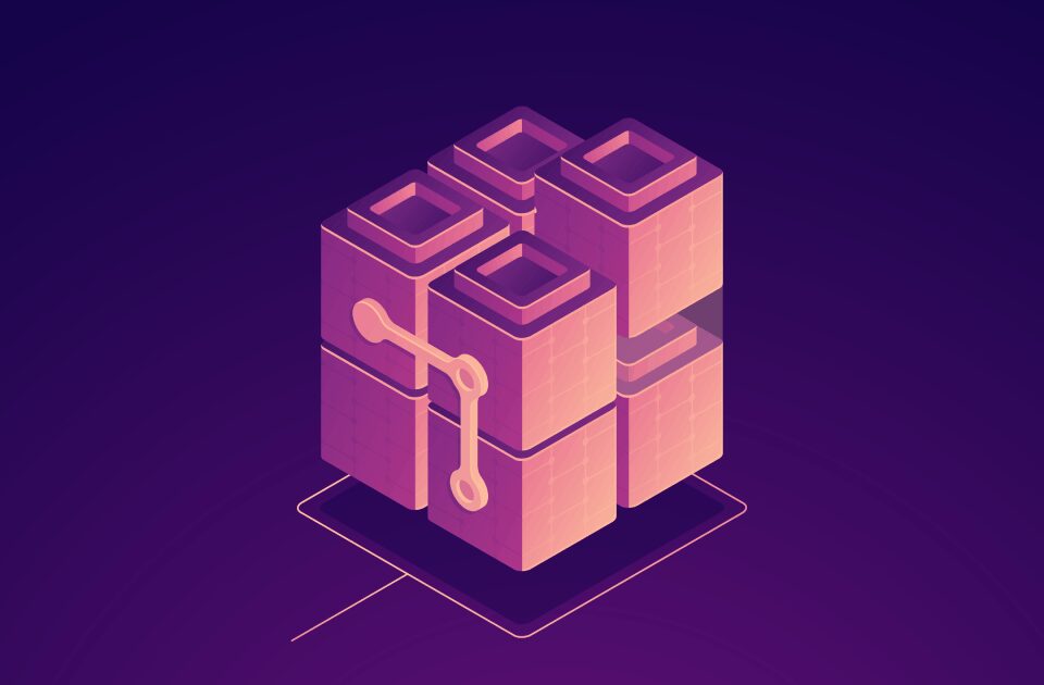 połączone ze sobą fioletowe kwadraty reprezentujące stos technologii