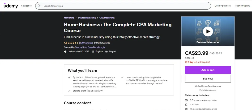 لقطة شاشة دورة تسويق Udemy CPA