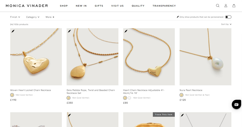 O site Monica Vinader oferece a assinatura de sua newsletter para receber ofertas e informações úteis.