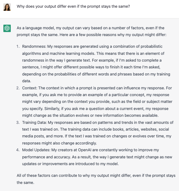 ChatGPT 解釋了為什麼它的輸出不同
