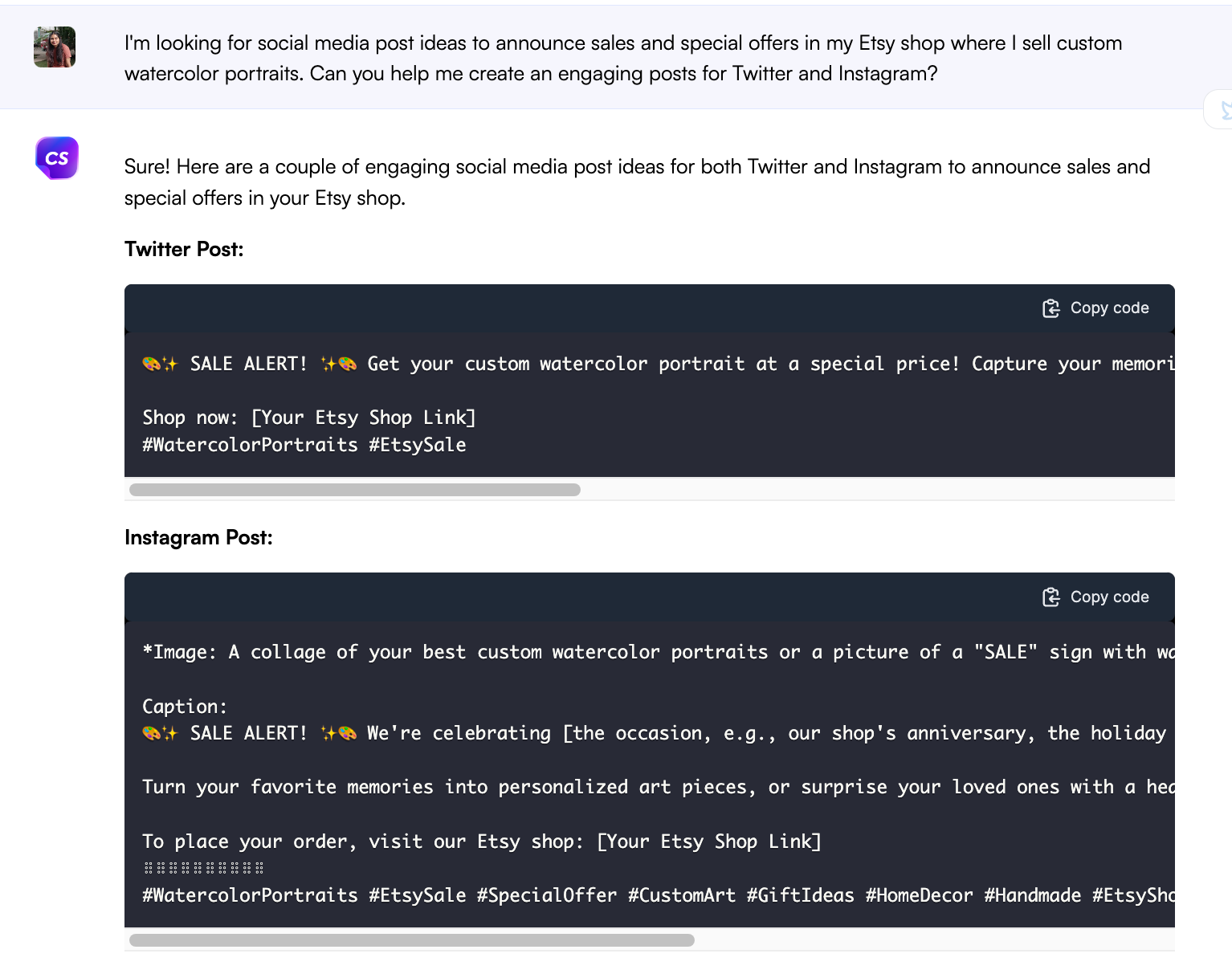 소셜 미디어 업데이트를 위한 ChatGPT 프롬프트 - Etsy용 ChatGPT