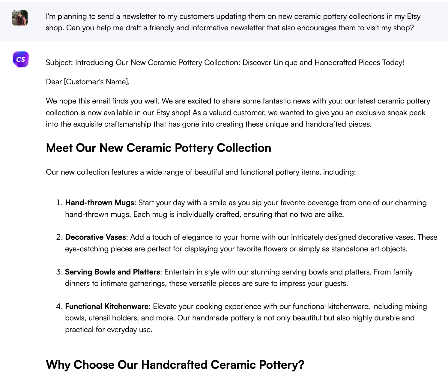 이메일 뉴스레터용 ChatGPT 프롬프트 - Etsy용 ChatGPT