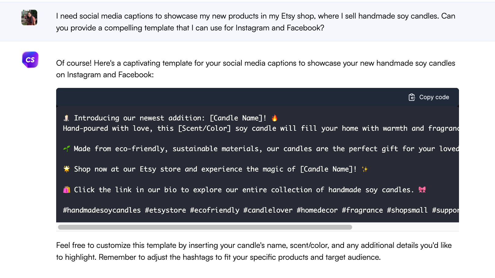 소셜 미디어 업데이트를 위한 ChatGPT 프롬프트 - Etsy용 ChatGPT