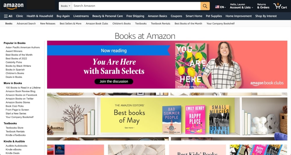Schermata del sito web di Amazon Books